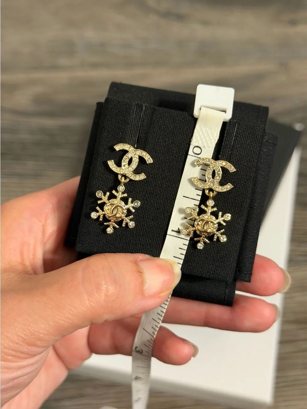 Chanel Gold Crystal CC Snowflake Drop Earrings